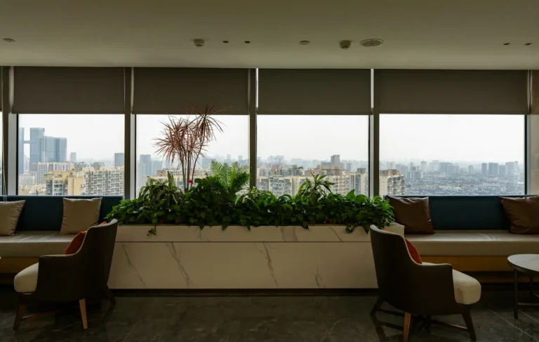 Office with screen fabric roller blinds